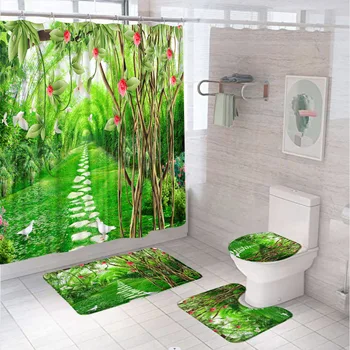 Zöld Kert Rózsa Virág a Szőlő Zuhanyzó Függöny Szett 3D Növény, Gyep Madár Táj Fürdőszoba Képernyőn Szőnyeg Szőnyeg Wc Fedelét