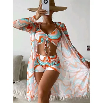 A Nők Három Darab Nyomtatás Bikini 2023 Nyáron, Magas Derék Összehúzható Ruched Fürdőruha-Női Szexi Hosszú Ujjú Fürdőruha Strand Viselet